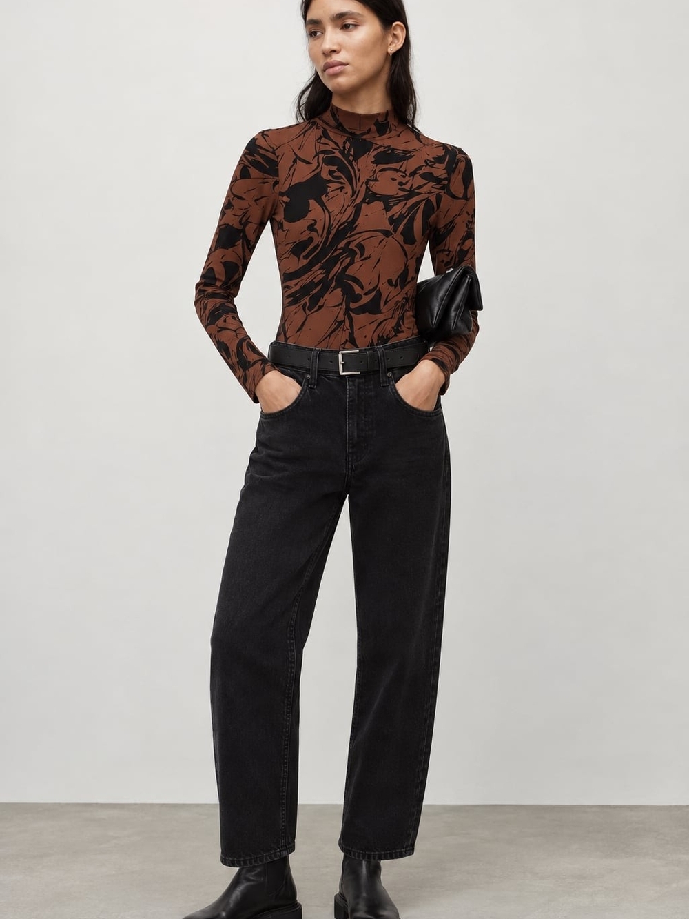 Brown & Black Abstract Marble Mock-Neck Bodysuit Fall Romance Effortless